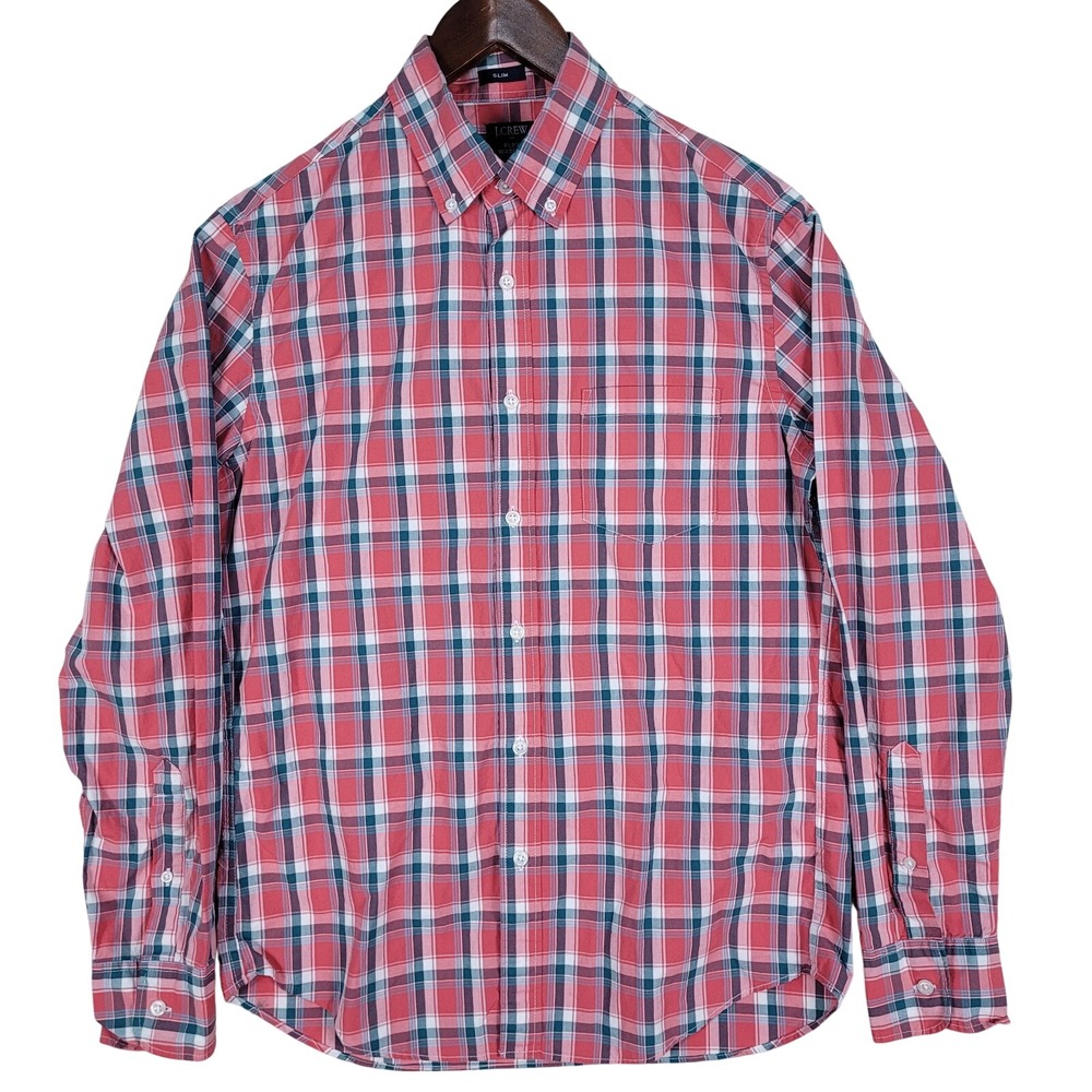 J. Crew Flex Wash Shirt Men's M Red Plaid Button Up Slim Fit Untucked Stretch LS